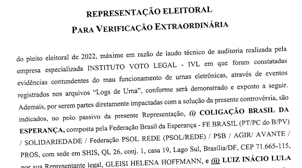 Em representação ao TSE, PL diz que Bolsonaro teve 51% dos votos no 2º turno