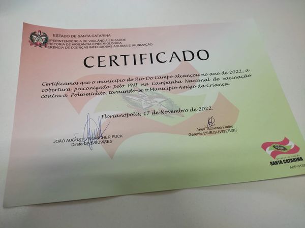 Rio do Campo recebe certificação de “Município Amigo da Criança”