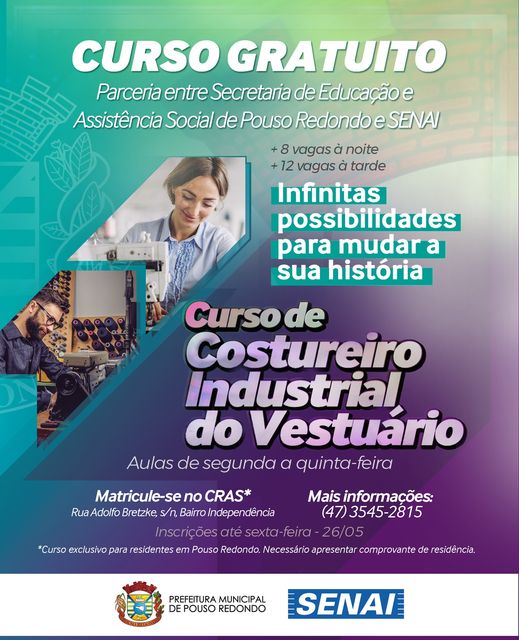 Curso de Costureiro Industrial do Vestuário parceria entre Prefeitura de Pouso Redondo e Senai