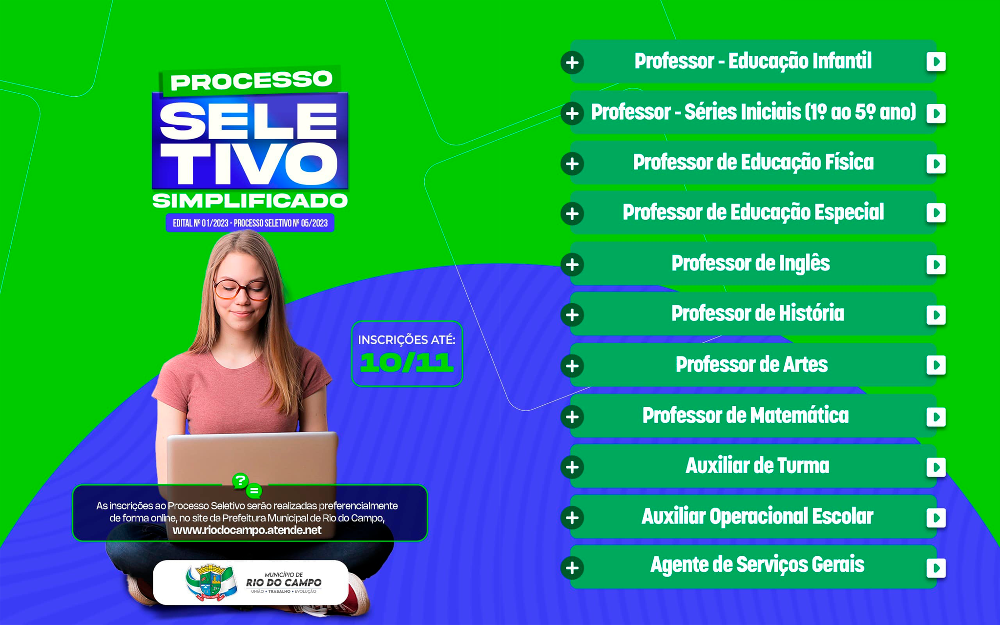 Prefeitura de Rio do Campo realiza Processo Seletivo para contratação de Professores e cargos na área da Educação