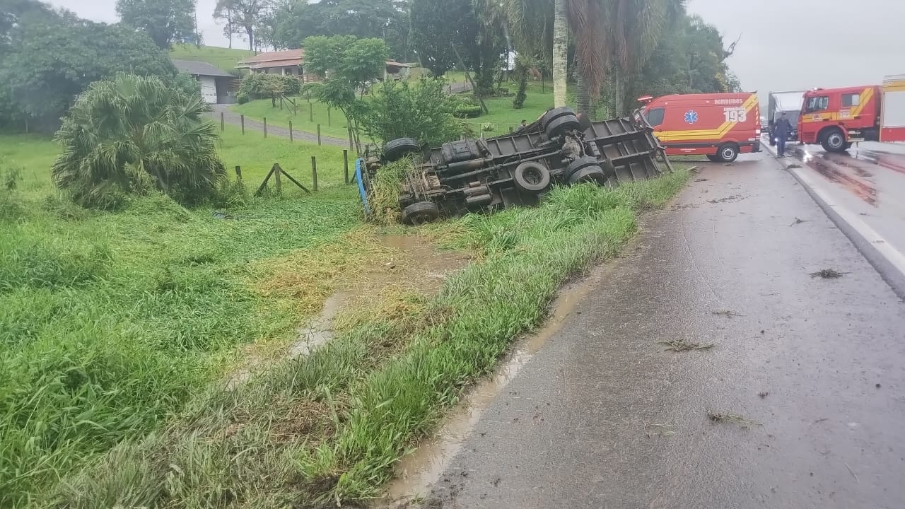 Caminhão saí de pista e colide em árvore na BR-470 em Pouso Redondo